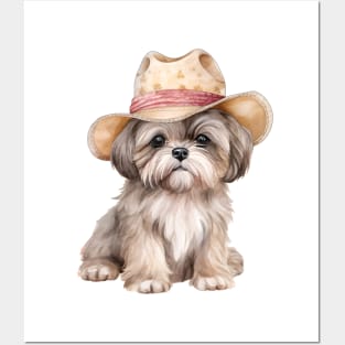 Watercolor Shih Tzu Dog in Straw Hat Posters and Art